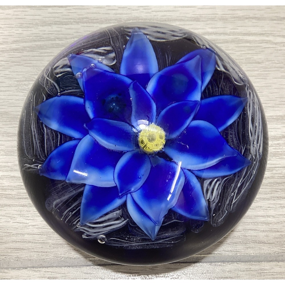 Art Deco Glass Paperweight 4x2.75" Blue & Yellow Giant Coneflower w/ Blue Base